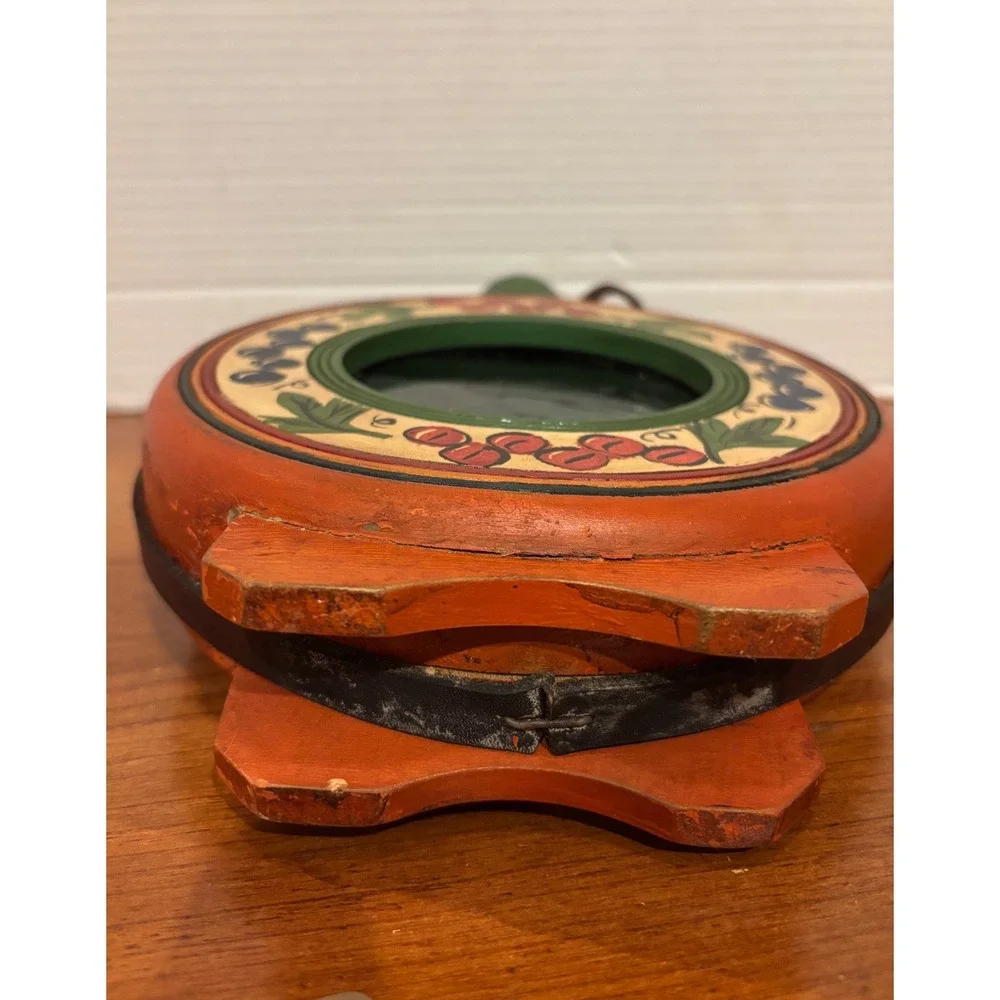 Vintage Hand Painted Wooden Canteen Glass Window Folk Art Berry Leather Strap